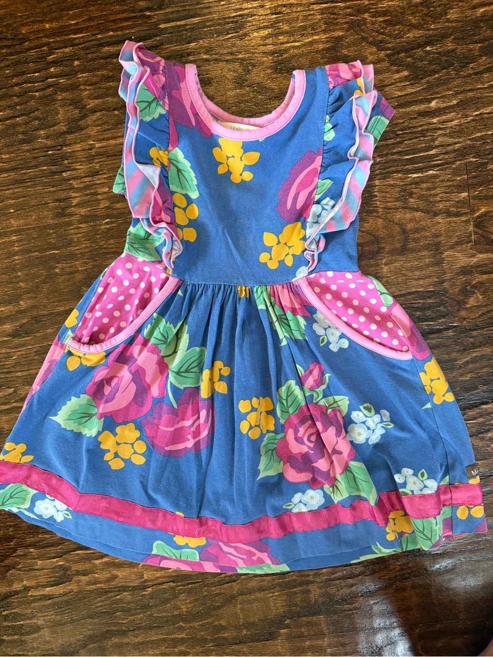 Matilda Jane Girls Blue Floral Ruffle Pocket Dress - Pink Accents